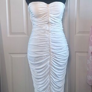 cefian white ruched strapless midi dress